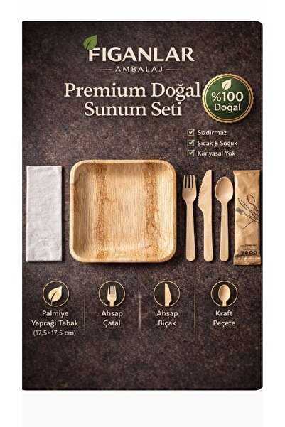 figanlar ambalaj Premium Doğal Sunum Seti | Palmiyeden Tabak + Ahşap Çatal Bı...