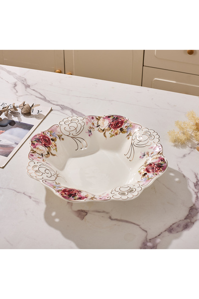 Malooki Πορσελάνινη φρουτιέρα με vintage φλοράλ σχέδιο, δαντελωτές άκρες, διά...