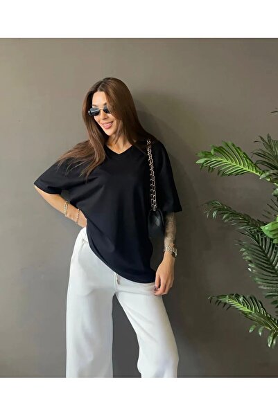 EVRA Kadın Siyah V Yaka Basic Tshirt
