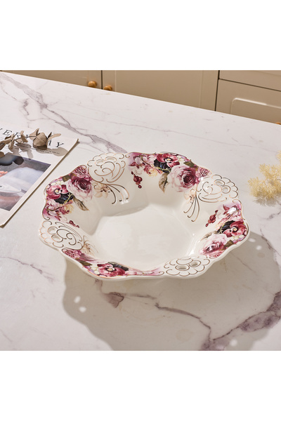 Malooki Πορσελάνινη φρουτιέρα με vintage φλοράλ σχέδιο, δαντελωτές άκρες, διά...