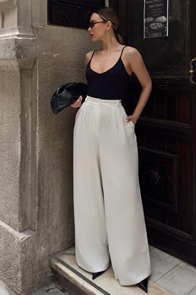 Swist Λευκό γυναικείο παντελόνι παλάτσο με 3 πιέτες, ψηλόμεσο, με τσέπες και ...