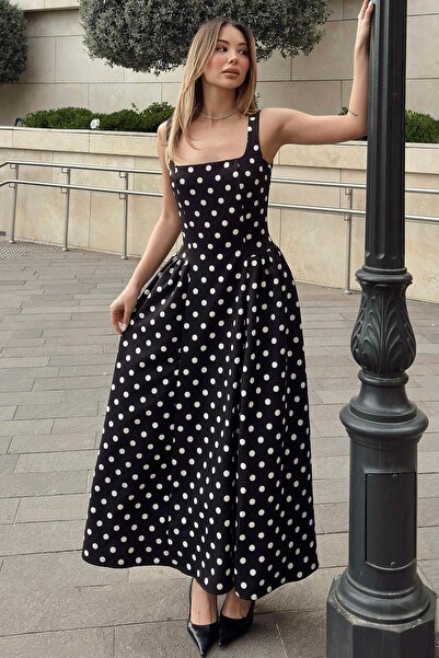 Swist Μαύρο πουά γυναικείο φόρεμα μίντι με χοντρές τιράντες και κορδόνι στη μέση