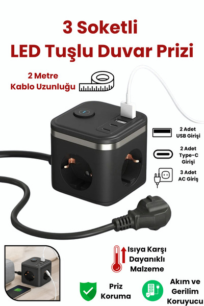 Yussraw Yeni 3680W Pro 2xtype-C ve 2x USB Girişli Anahtarlı 3lü Çoğaltıcı Küp...