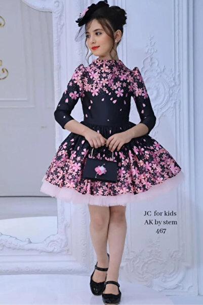 JC Black and Pink Tulle Embroidered Girls' Evening Gown with Handbag and Hair...