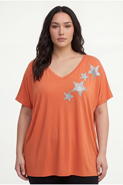 Ebsumu Women's Plus Size Front Back V-Neck Star Printed Orange Blouse