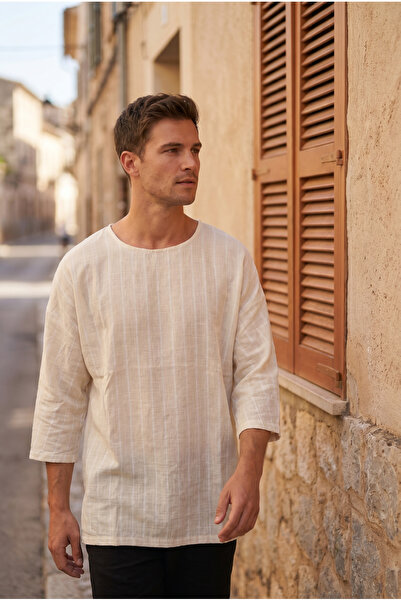 MADZEYMODA Ανδρικό μπλουζάκι μεγάλου μεγέθους σε εκρού λευκό χρώμα με ρίγες κ...