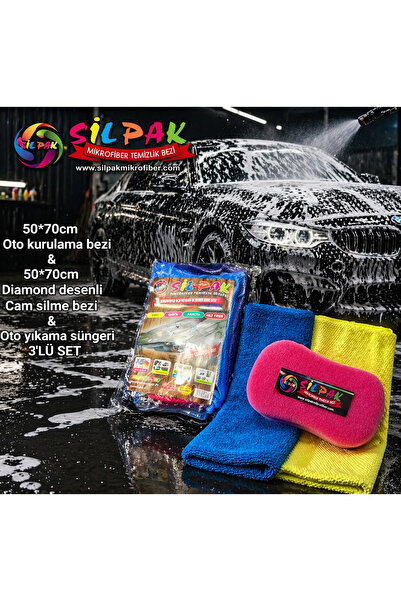 Sil-Pak Silpak 3’lü Araç Temizlik Seti(50x70 Mikrofiber Kurulama Bezi+Diamond...