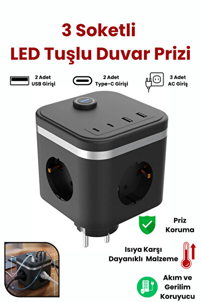 Yussraw 3 Priz + 2 USB (2 Type-C) Akım Korumalı Anahtarlı 3lüçuvaltıcı Küp Priz