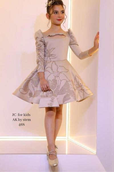 JC Luxury Gold Patterned Beige Girls' Dress with Accessories