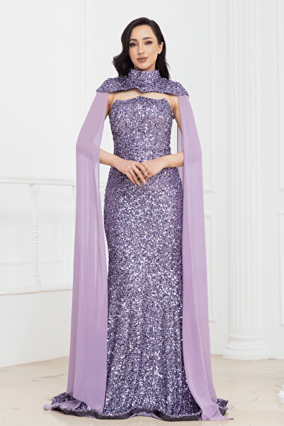 BEYBOS Μακρύ βραδινό φόρεμα με λεπτομέρεια από παγιέτες - LİLA