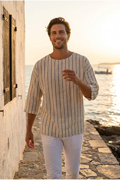 MADZEYMODA Ανδρικό μπλουζάκι Oversize σε χρώμα εκρού με ριγέ μανίκια τριών τε...