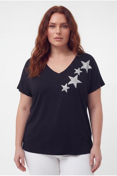 Ebsumu Women's Plus Size Front Back V-Neck Star Printed Black Blouse