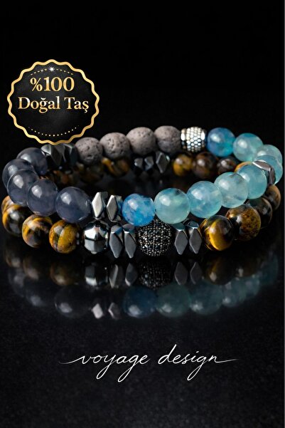 voyageaccessory Natural Stone Bracelet Set Tiger's Eye Aquamarine Gray Agate ...