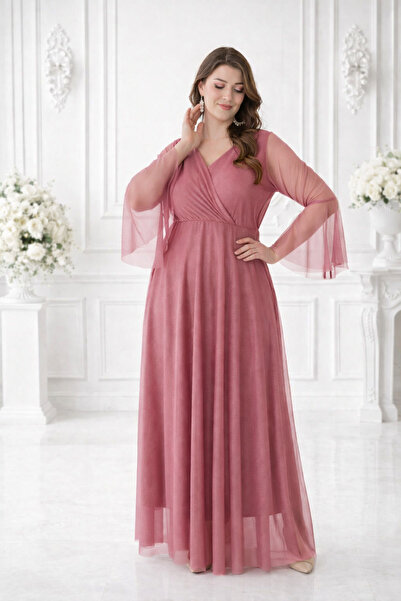 IŞILTI Γυναικείο βραδινό φόρεμα με διπλό γιακά, μακριά μανίκια από τούλι, σιφ...