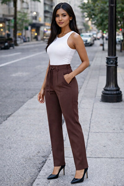 İpli Γυναικείο παντελόνι με ψηλή μέση, πιέτες και λεπτομέρεια σε σχέδιο χλοοτ...