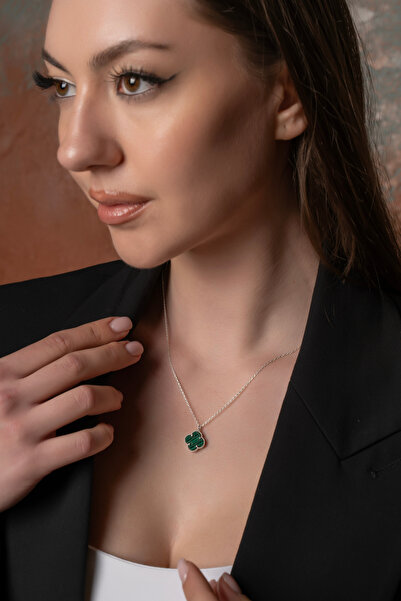 LUNAERA JEWELRY Şans Yoncası Kolye Yeşil Taşlı 925 Gümüş Kadın Kolye