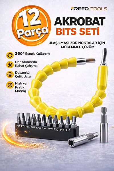 FREED TOOLS 12 Parça Akrobat Bits Seti Esnek Uzatma Aparatı Tornavida Uç Seti