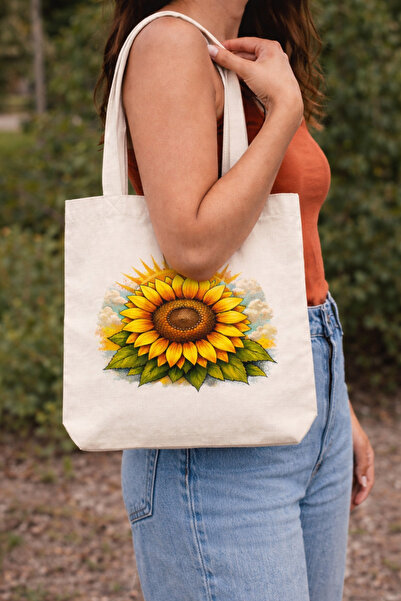 Tomris Hatun Τσάντα από ακατέργαστο ύφασμα με στάμπα Sunflower Motto, Τσάντα ...