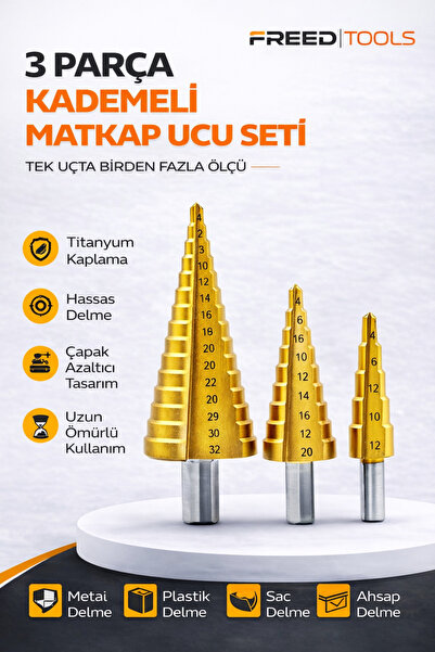 FREED TOOLS 3 Parça Kademeli Matkap Ucu Seti Titanyum Kaplama Metal Sac Delme...