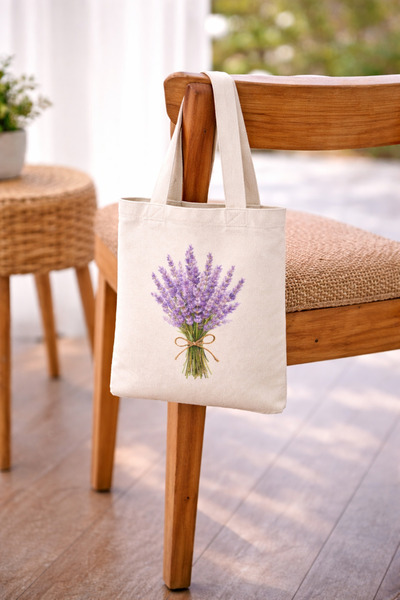 Tomris Hatun Lavender Bunch Printed Raw Cloth Bag, Shoulder Bag, Shopping Cloth Bag, Sublimation Printed