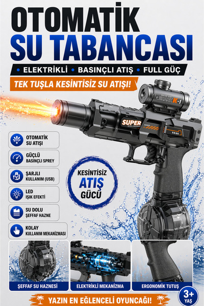 YILDIRIM OYUNCAK Elektrikli Şarjlı 25 cm Su Tabancası Basınçlı Otomatik Sürek...