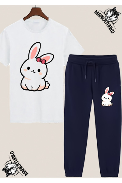 MarkaTurko Cute Rabbit Custom Design White Tshirt-Dark Blue Sweatpants Combin...