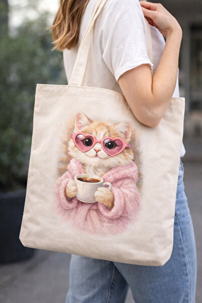 Tomris Hatun Τσάντα από ακατέργαστο ύφασμα με σχέδιο γάτας, τσάντα ώμου, υφασ...