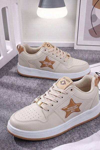 SOLAZER Women's Star Pattern Sneaker Beige Sports Shoes