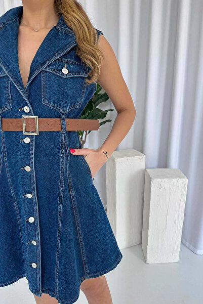 LAYAL MY BEAUTY Kadın Jeans Kemer Detaylı Denim Kiloş Kesim Kadın Kot Elbise ...