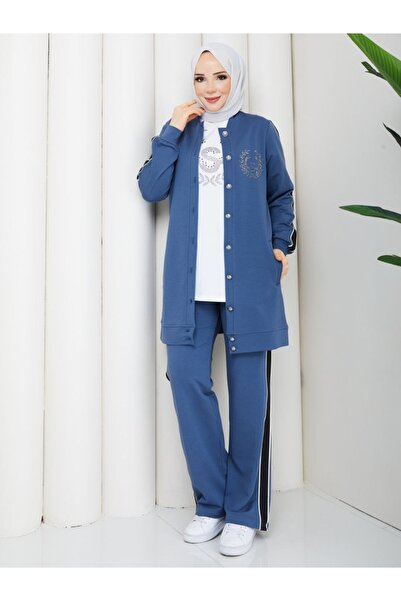 moda4b Women's 3-Piece Tracksuit Set with Two Threads, Cotton, Buttoned, Styl...