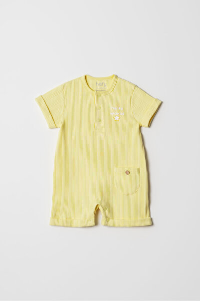 HAFY BABY Hello World Desenli, Kısa Kollu, Yazlık Bebek Tulumu-Gri,Sarı,Yeşil