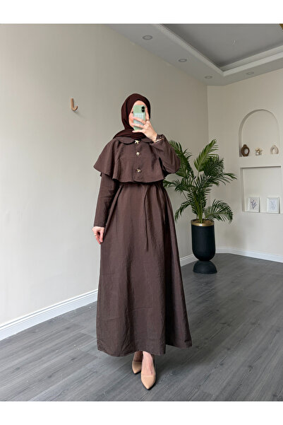 Esre Store 21252 - Φόρεμα με λεπτομέρεια μίνιμαλ κάπας και κορδόνια, καφέ χρώμα