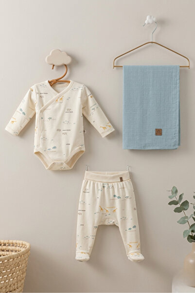 Caramell 100% Cotton Safari Patterned 3-Piece Baby Set (0-3 Months) - Double-...