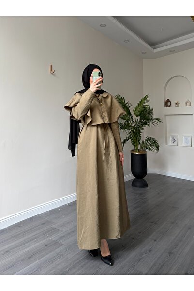 Esre Store 21252 - Φόρεμα με λεπτομέρεια μίνιμαλ κάπας και κορδόνια, χακί