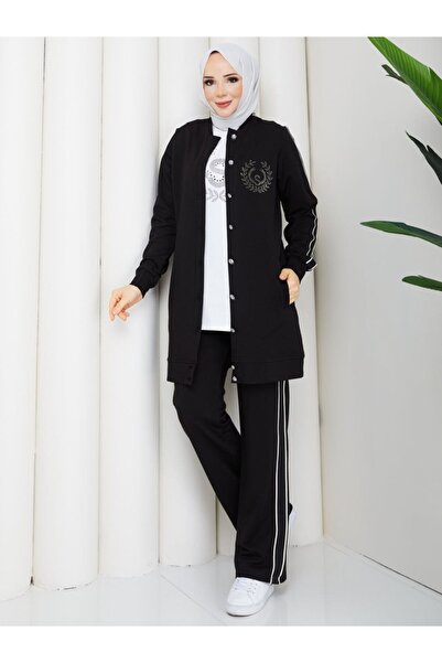 moda4b Women's 3-Piece Tracksuit Set Two-Thread Cotton Buttoned Stylish Desig...