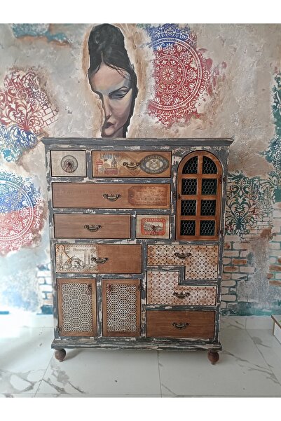 elisa-hobi-sanat Vintage Eskitme Tasarım Çok Çekmeceli Loft Konsol - Antik De...