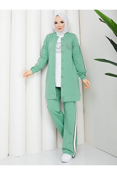 moda4b Women's 3-Piece Tracksuit Set Two-Thread Cotton Buttoned Stylish Desig...