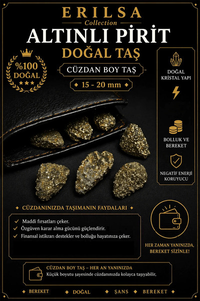 Erilsa Sertifikalı Altınlı Pirit Taşı Kütle - Cüzdan Boy 15-20 mm Doğal Taş K...