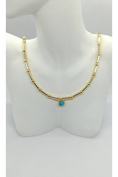 ndjewelry Firuze Taş Detaylı Boru Top Zincir Gold Kolye (40+5 cm)