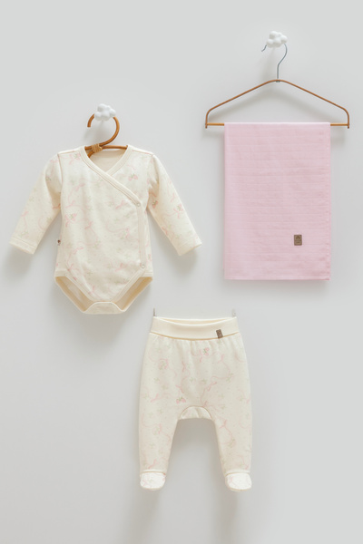 Caramell 100% Cotton Strawberry Patterned 3-Piece Baby Set (0-3 Months) Doubl...