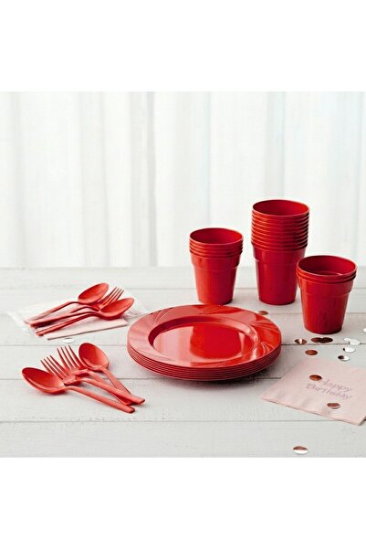 Ta-Fu Global KIRMIZI Parti Takımı Plastik Mika Set ( 25 Bardak , 6 Tabak , 25...