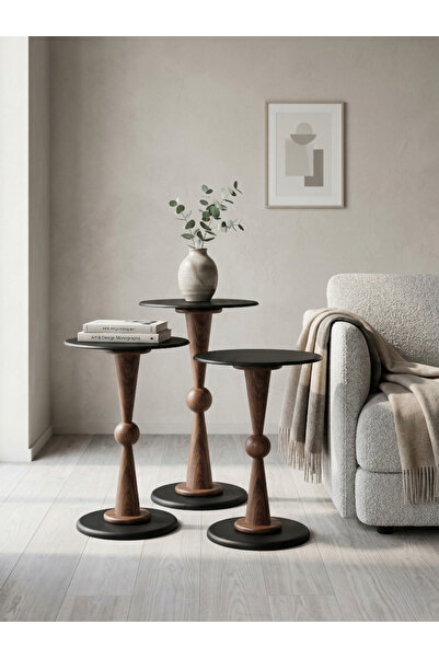 goji home decor 3’lü Ahşap Metal Zigon Sehpa Seti 50-55-60 cm Siyah Tabla Nat...