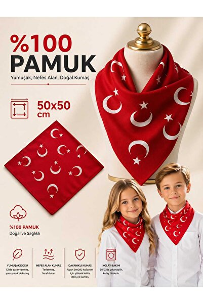 Eva&Rose Kırmızı Ay Yıldız Türk Bayrağı Temalı Pamuk Kumaş Fular - Bandana 23...