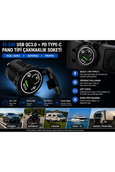 Zoli Motosiklet, karavan, tekne,araba uyumlu USB QC3.0 + PD TYPE-C 12V/24V Hı...