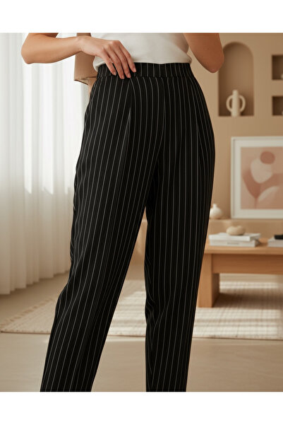 Modamorfo 6637 Ψηλόμεσο ριγέ υφασμάτινο παντελόνι - Μαύρο