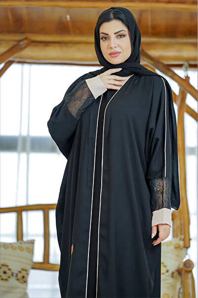 Hasnaa Abaya عباية فراشة بتحديد قيطان لحمي مع قماش رخامي ع الكم