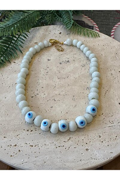 bizizmoda Bodrum Glass Bead Blue Evil Eye Beaded Necklace