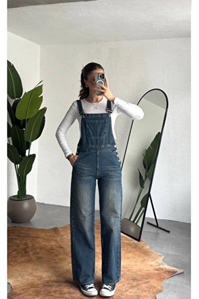 eyonnwear Y2K Denim Wide Leg Pocket Detailed Strap Jumpsuit
