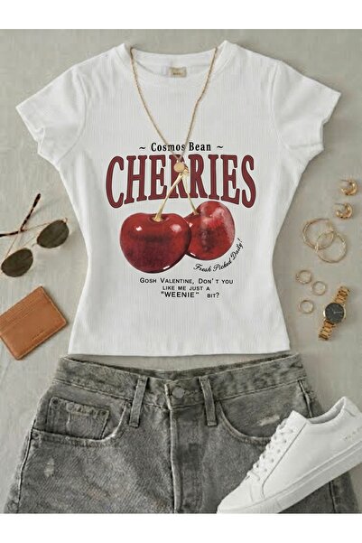 NİCE Γυναικείο κοντομάνικο μπλουζάκι με στάμπα κόκκινα κεράσια - Lycra