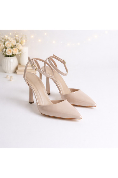 MİLOS Footwear Marie Beige Patent Leather Stiletto Heeled Shoes with Back Strap